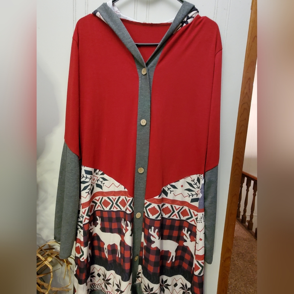 Beautiful Reindeer Plaid Christmas Dress. Hi-low New with hood attached